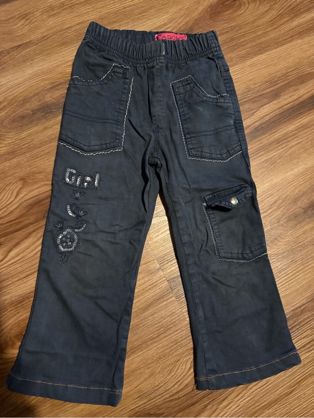 Kids Elastic-Waist Embroidered Cargo Pants - Black